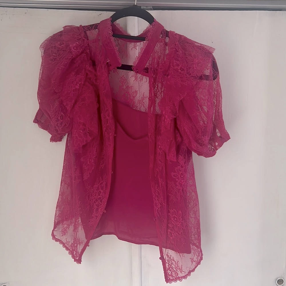 Free people hot pink lacy top with matching pink slip cami